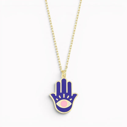 Modern enamel hamsa necklace in navy and pink with evil eye protection pendant by Alef Bet