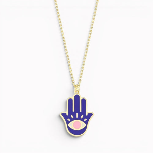 Modern enamel hamsa necklace in navy and pink with evil eye protection pendant by Alef Bet