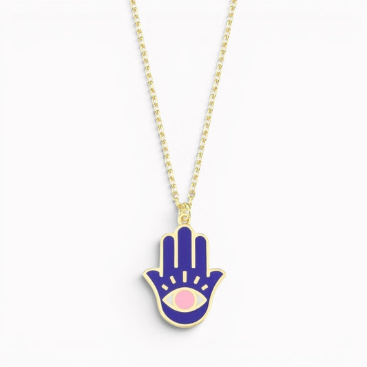 Modern enamel hamsa necklace in navy and pink with evil eye protection pendant by Alef Bet