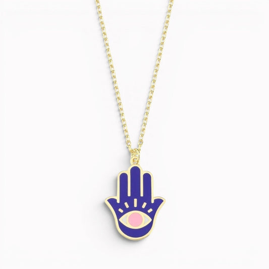 Modern Hand Enameled Hamsa Evil Eye Necklace in Navy Pink Gold