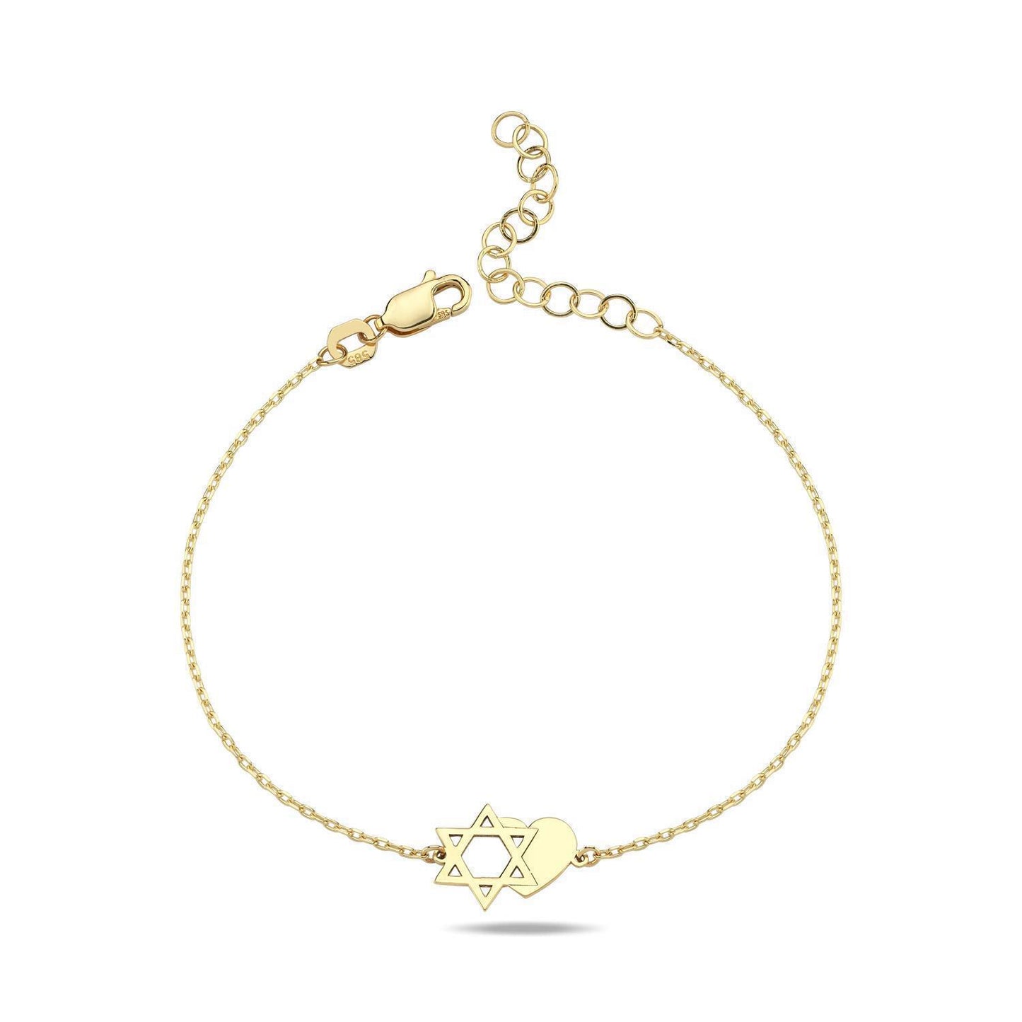 14k solid gold bracelet with magen david and heart charm by Alef Bet