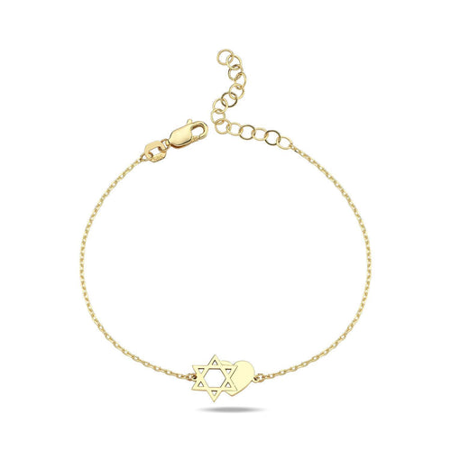 14k solid gold bracelet with magen david and heart charm by Alef Bet