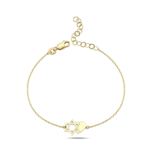 14k solid gold bracelet with magen david and heart charm by Alef Bet