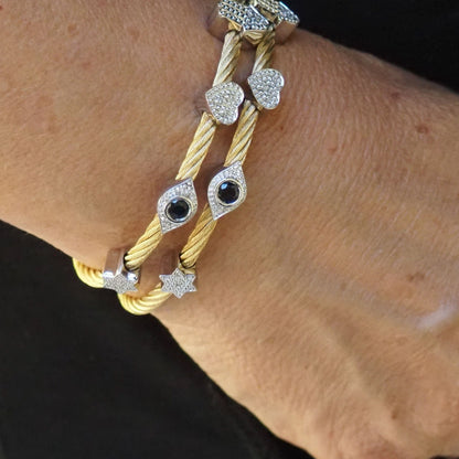 Multi-Charm Bangle Bracelet: Hamsa, Evil Eye, Star & Heart