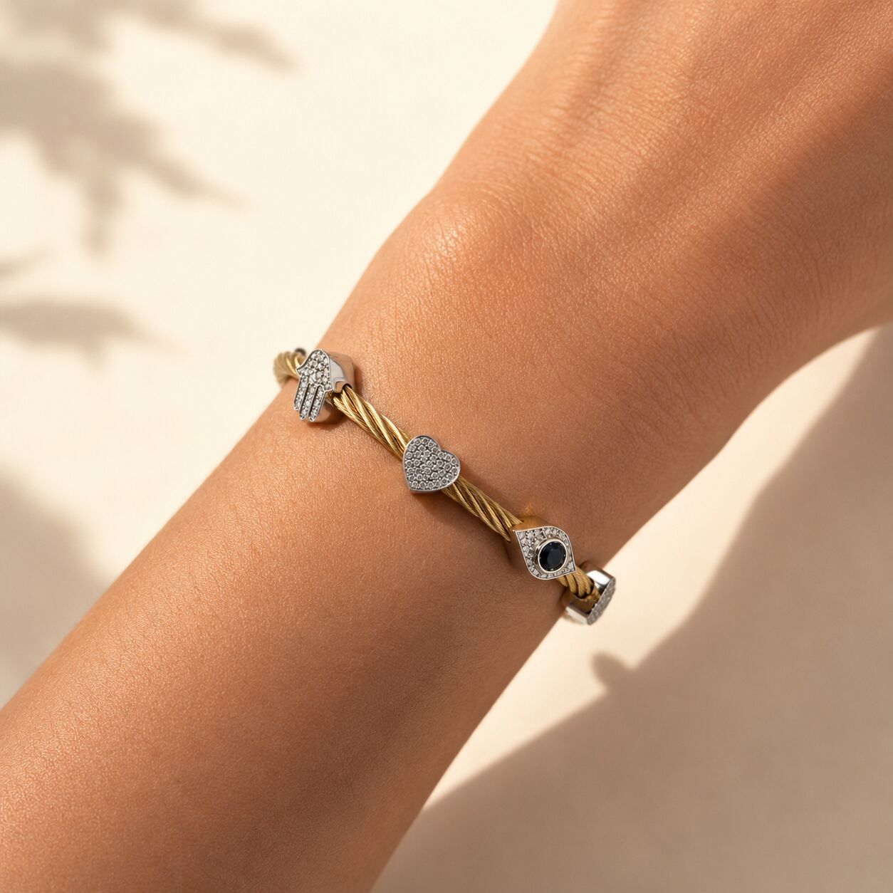 Multi-Charm Bangle Bracelet: Hamsa, Evil Eye, Star & Heart