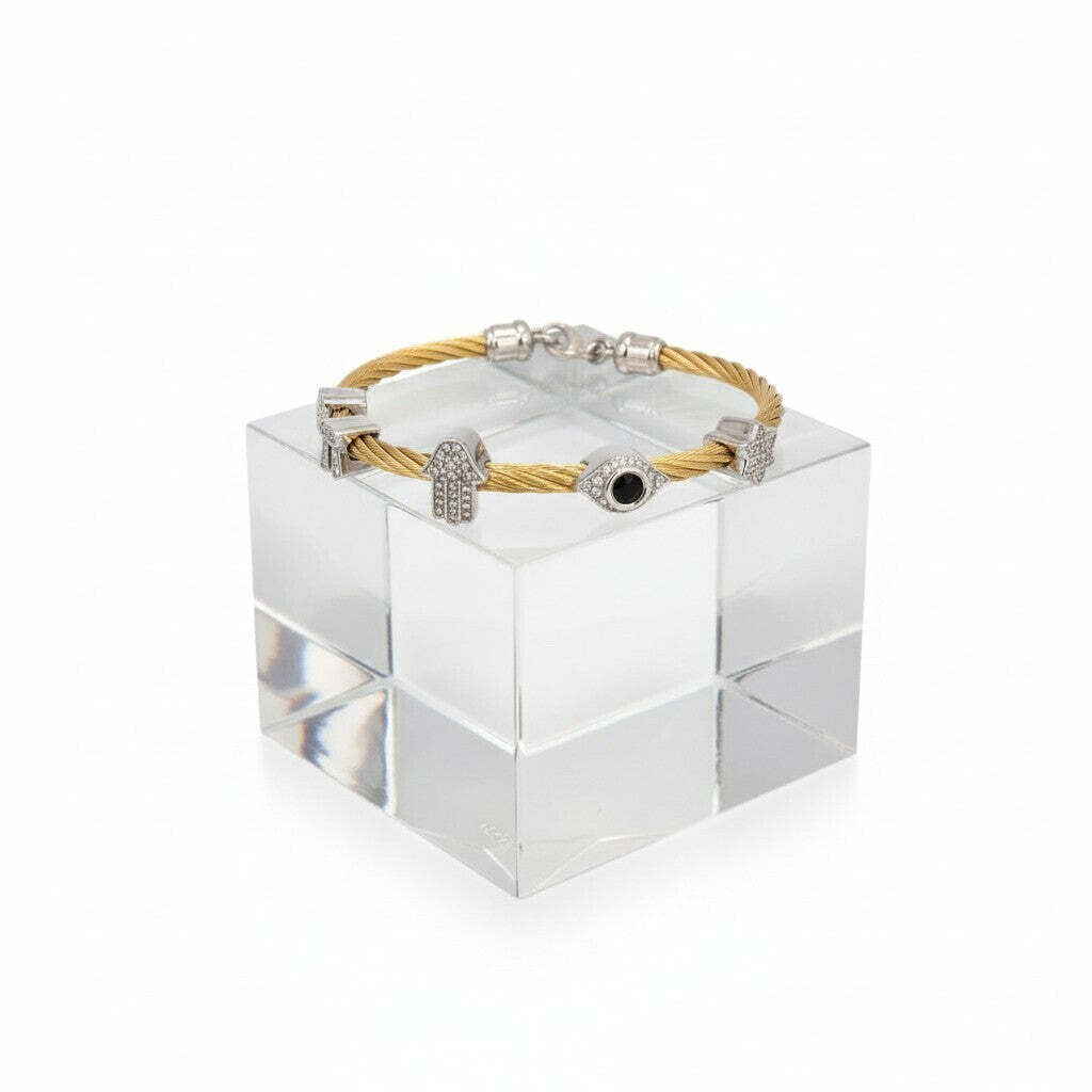 Four Blessings in One, Hamsa and Evil Eye Multi Charm Bangle Bracelet in Two Tone Finish