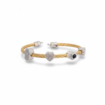 Four Blessings in One, Hamsa and Evil Eye Multi Charm Bangle Bracelet in Two Tone Finish