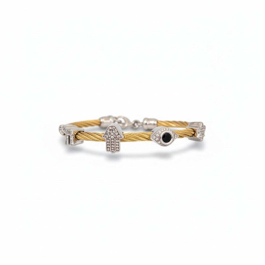 Multi-Charm Bangle Bracelet: Hamsa, Evil Eye, Star & Heart