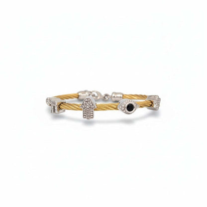 Multi-Charm Bangle Bracelet: Hamsa, Evil Eye, Star & Heart