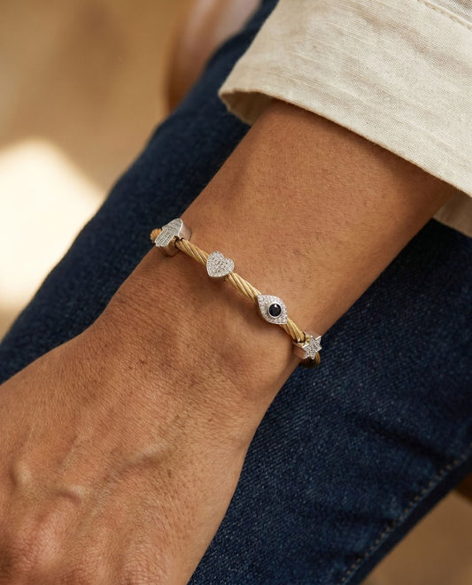 Multi-Charm Bangle Bracelet: Hamsa, Evil Eye, Star & Heart