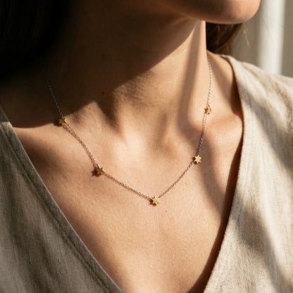 Necklace with star-shaped pendants worn by a person