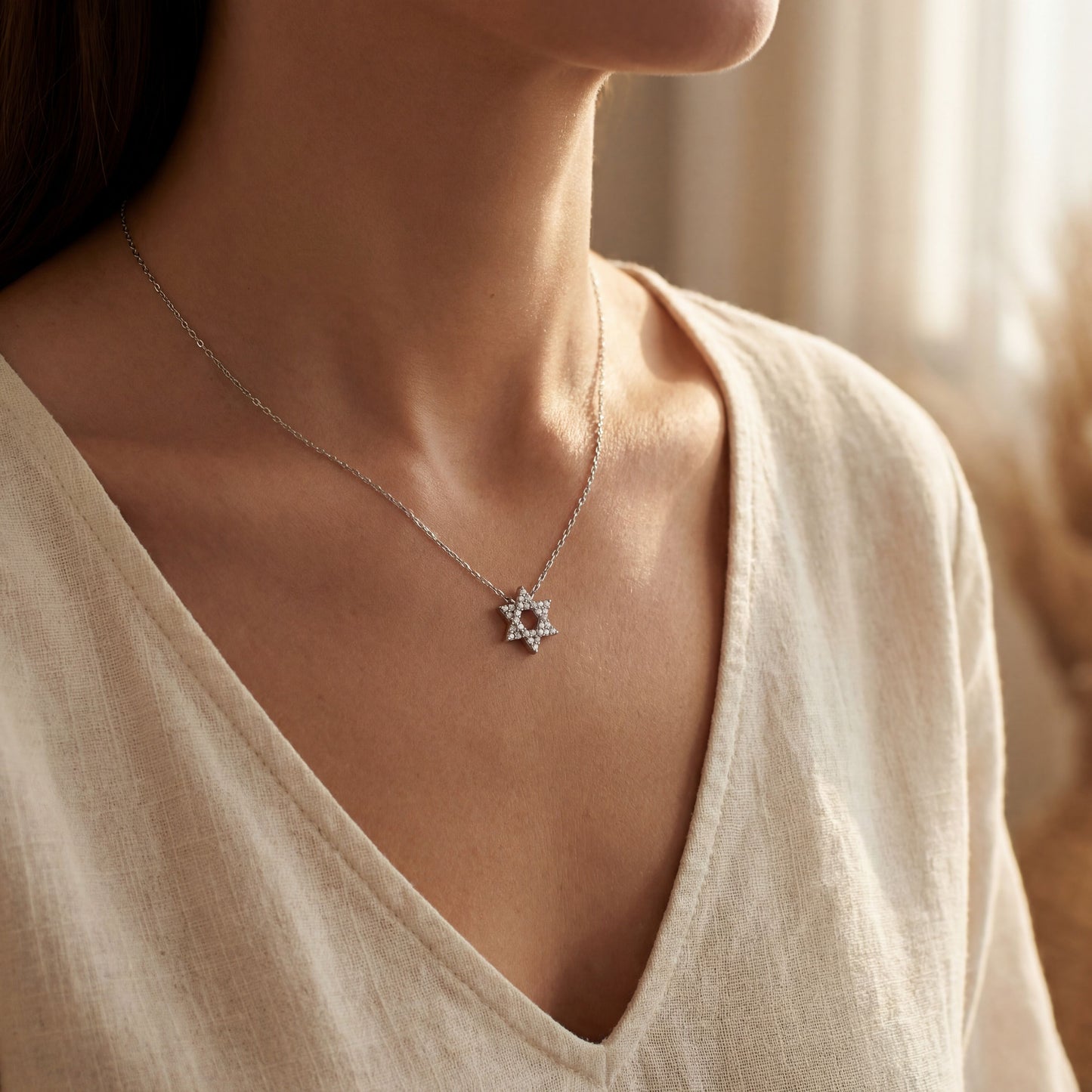 Pave set cubic zirconia Star of David pendant necklace in sterling silver by Alef Bet
