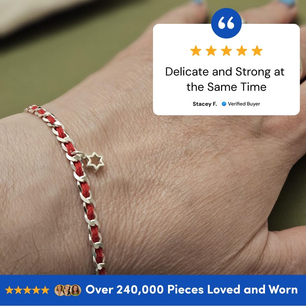 Red string bracelet featuring a Star of David, symbolizing protection and faith, made with sterling silver and includes a description card.