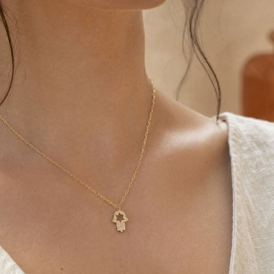 Pave CZ hamsa hand charm necklace in gold with paperclip chain by Alef Bet