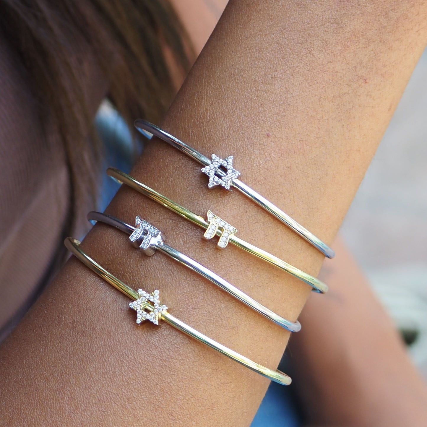 Pave Chai Comfort Bangle: Sterling Silver Flexible Cuff