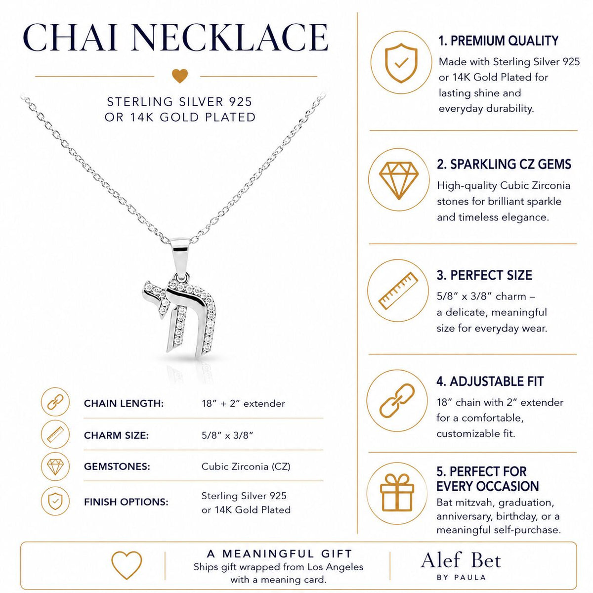 Pavé CZ Jewish Chai Necklace in Yellow Gold Plated Sterling Silver 925, sparkling blessings for every day