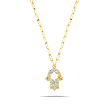 Pave CZ Hamsa Hand Charm Necklace: Gold Paperclip Chain