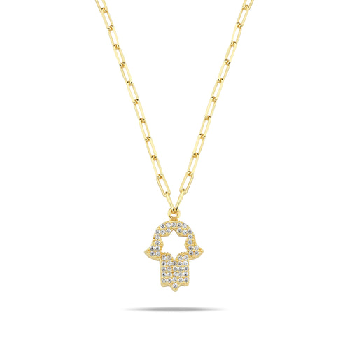 Pave CZ Hamsa Hand Charm Necklace: Gold Paperclip Chain