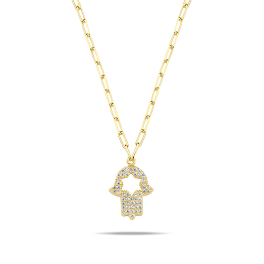 Pave CZ Hamsa Hand Charm Necklace: Gold Paperclip Chain