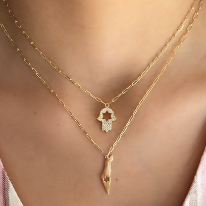 Pave CZ Hamsa Hand Charm Necklace: Gold Paperclip Chain