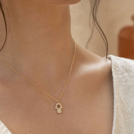 Pavé CZ Hamsa Necklace on Paperclip Chain in 14k Gold Plated Sterling Silver 925, the modern protection symbol her style already speaks