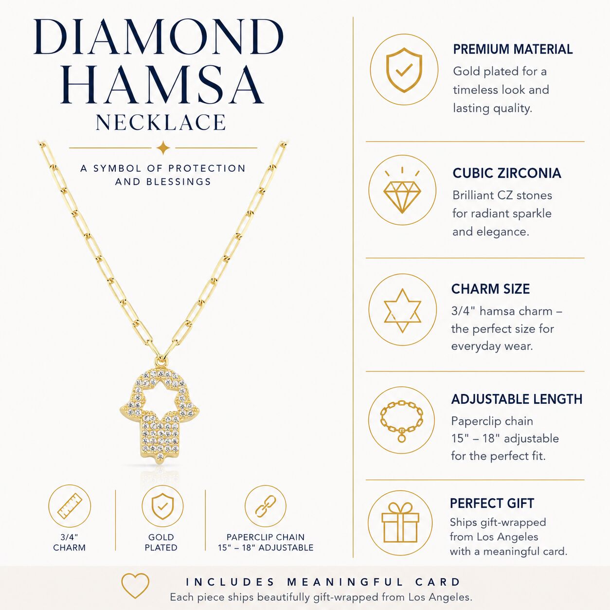 Pavé CZ Hamsa Necklace on Paperclip Chain in 14k Gold Plated Sterling Silver 925, the modern protection symbol her style already speaks