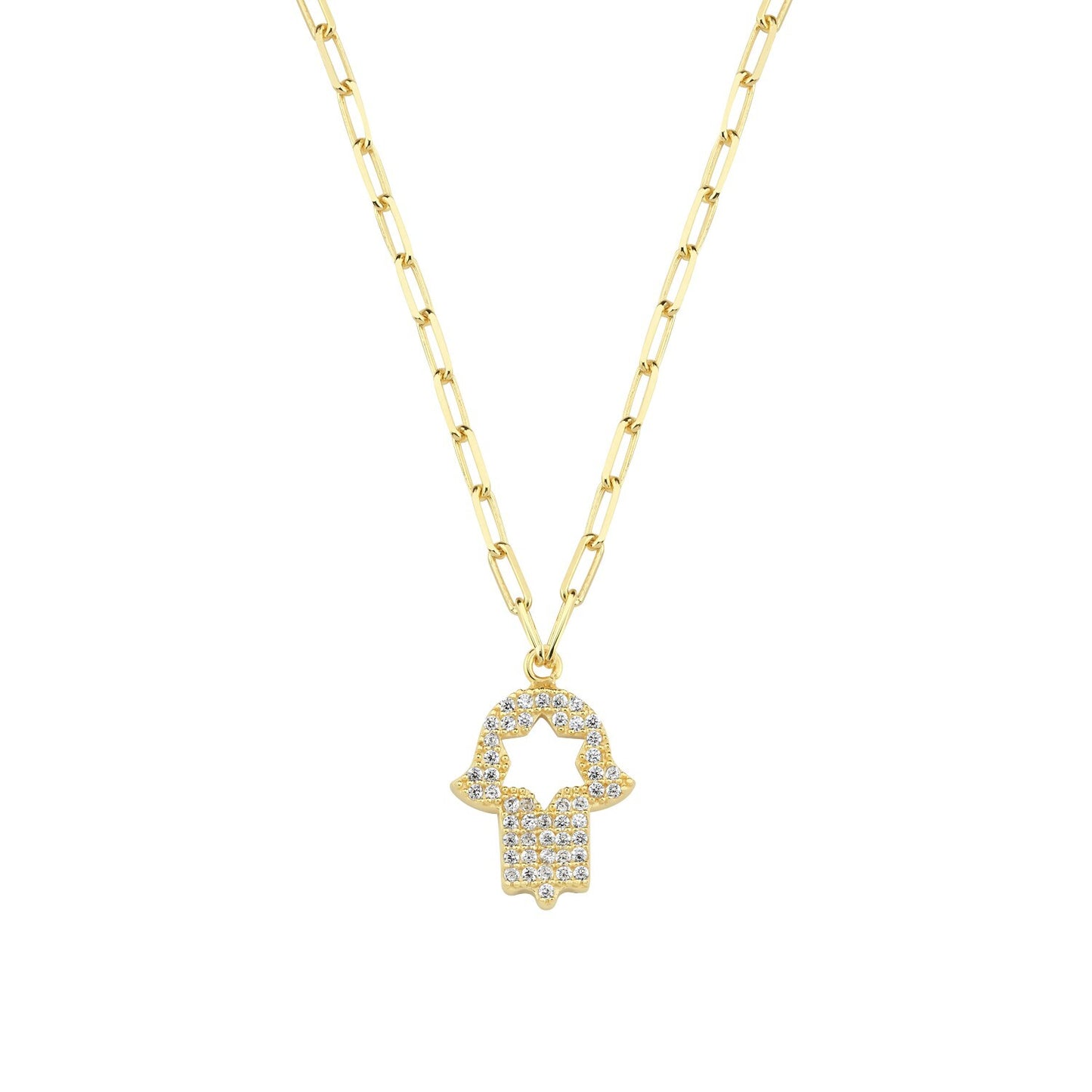 Pave CZ hamsa hand charm necklace in gold with paperclip chain by Alef Bet