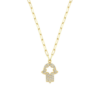 Pave CZ hamsa hand charm necklace in gold with paperclip chain by Alef Bet