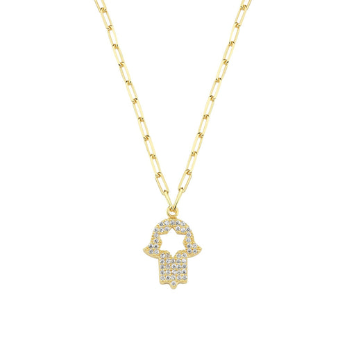 Pave CZ hamsa hand charm necklace in gold with paperclip chain by Alef Bet