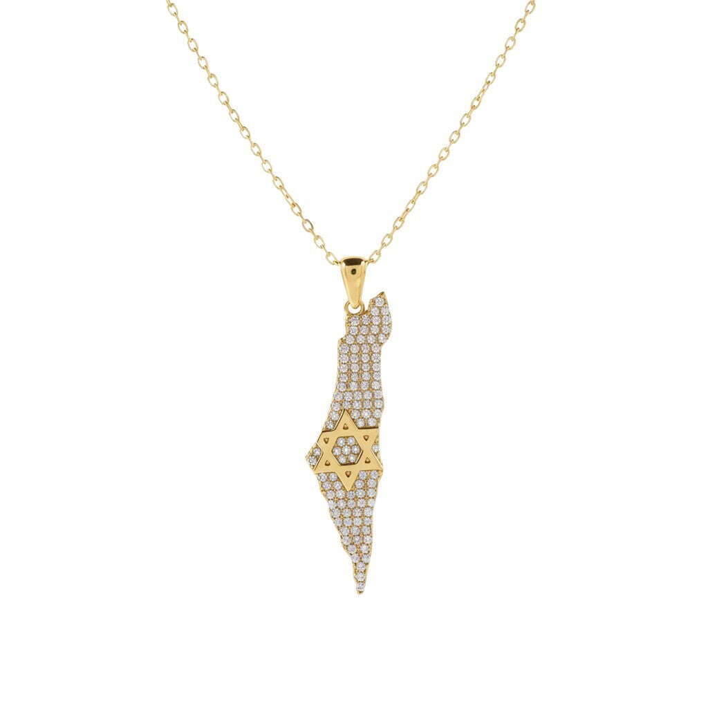 Yellow gold necklace featuring pave-set diamond map of Israel with star pendant by Alef Bet
