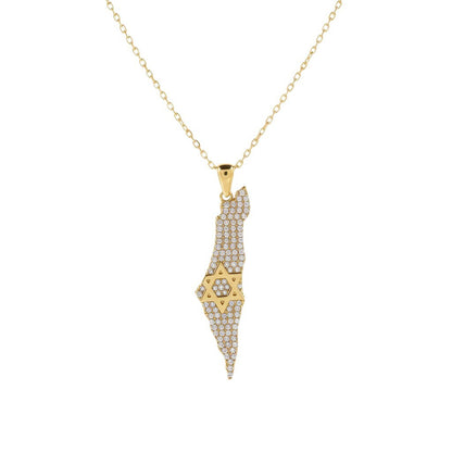 Yellow gold necklace featuring pave-set diamond map of Israel with star pendant by Alef Bet