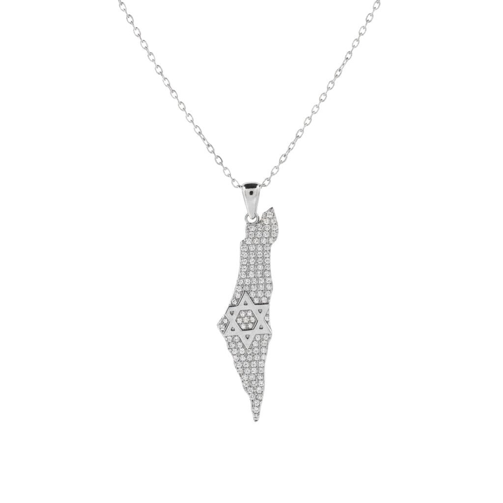 Pave diamond map of Israel necklace with Star of David pendant in white gold by Alef Bet