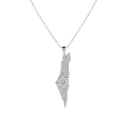 Pave diamond map of Israel necklace with Star of David pendant in white gold by Alef Bet