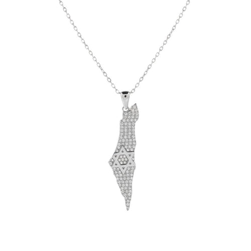 Pave diamond map of Israel necklace with Star of David pendant in white gold by Alef Bet