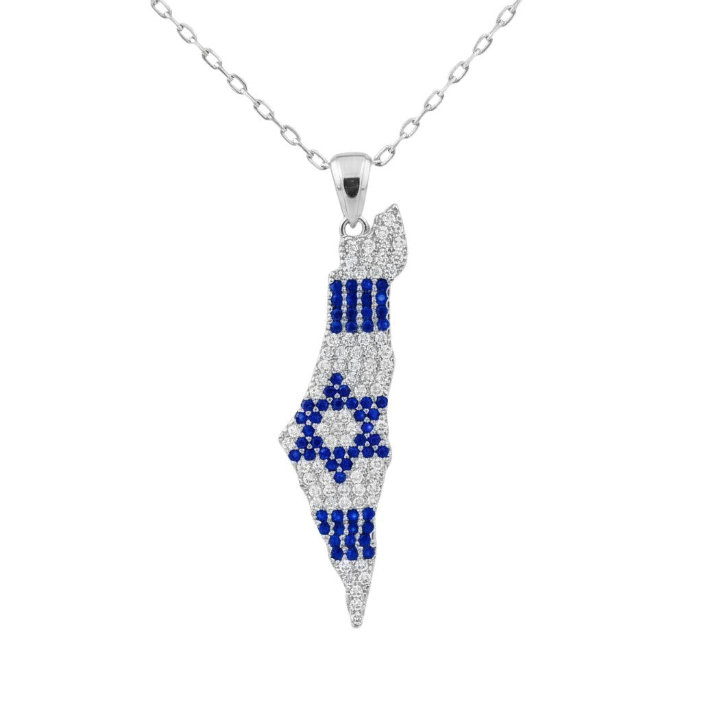 Pave Israel map flag necklace in gold with blue and white enamel by Alef Bet