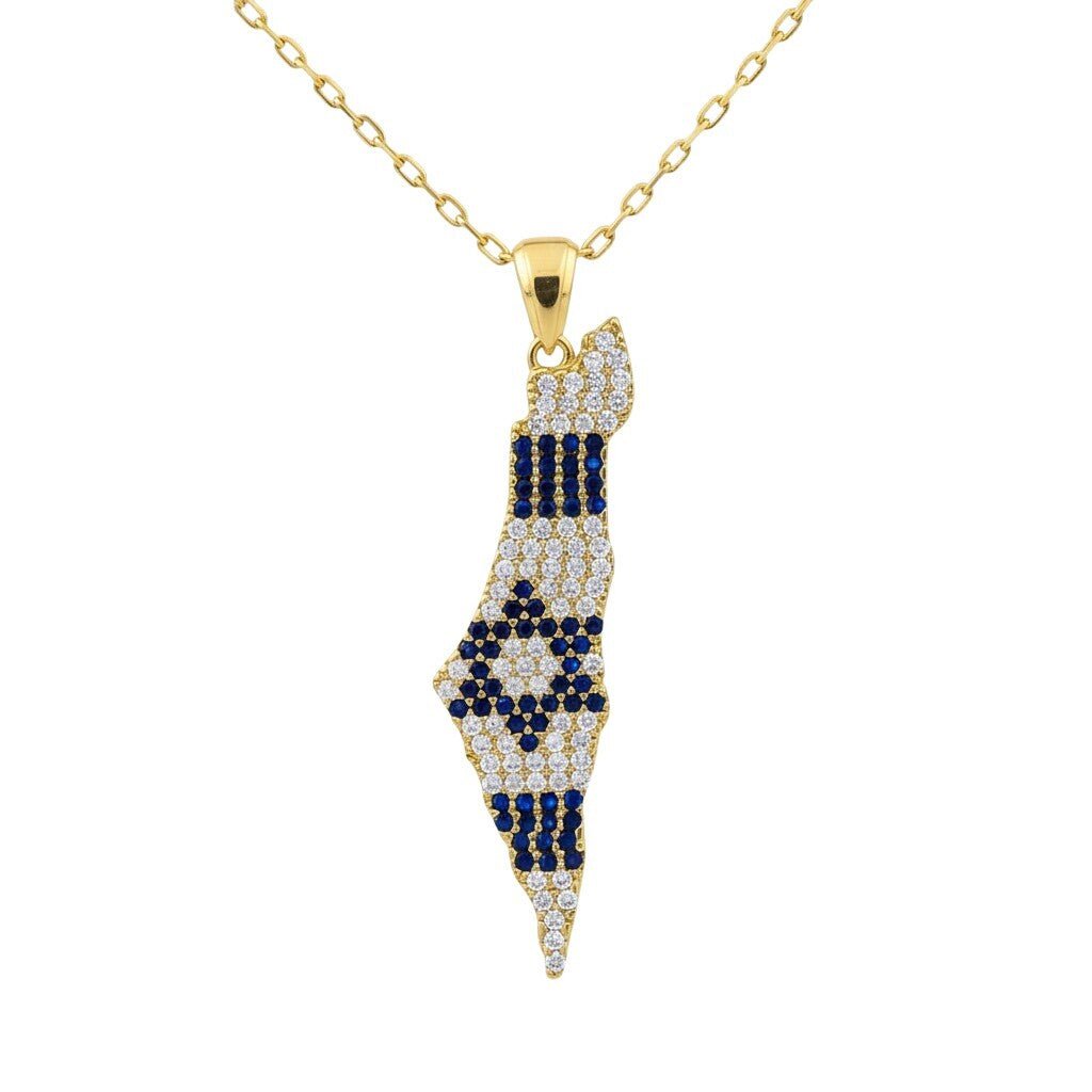 Pave CZ Israel Map Flag Necklace in Gold