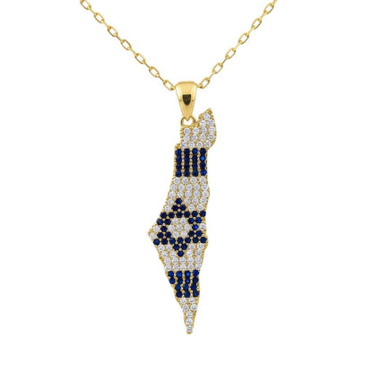 Pave CZ Israel Map Flag Necklace in Gold