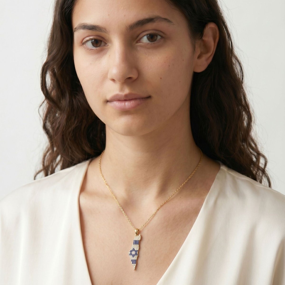 Pave CZ Israel Map Flag Necklace in Gold