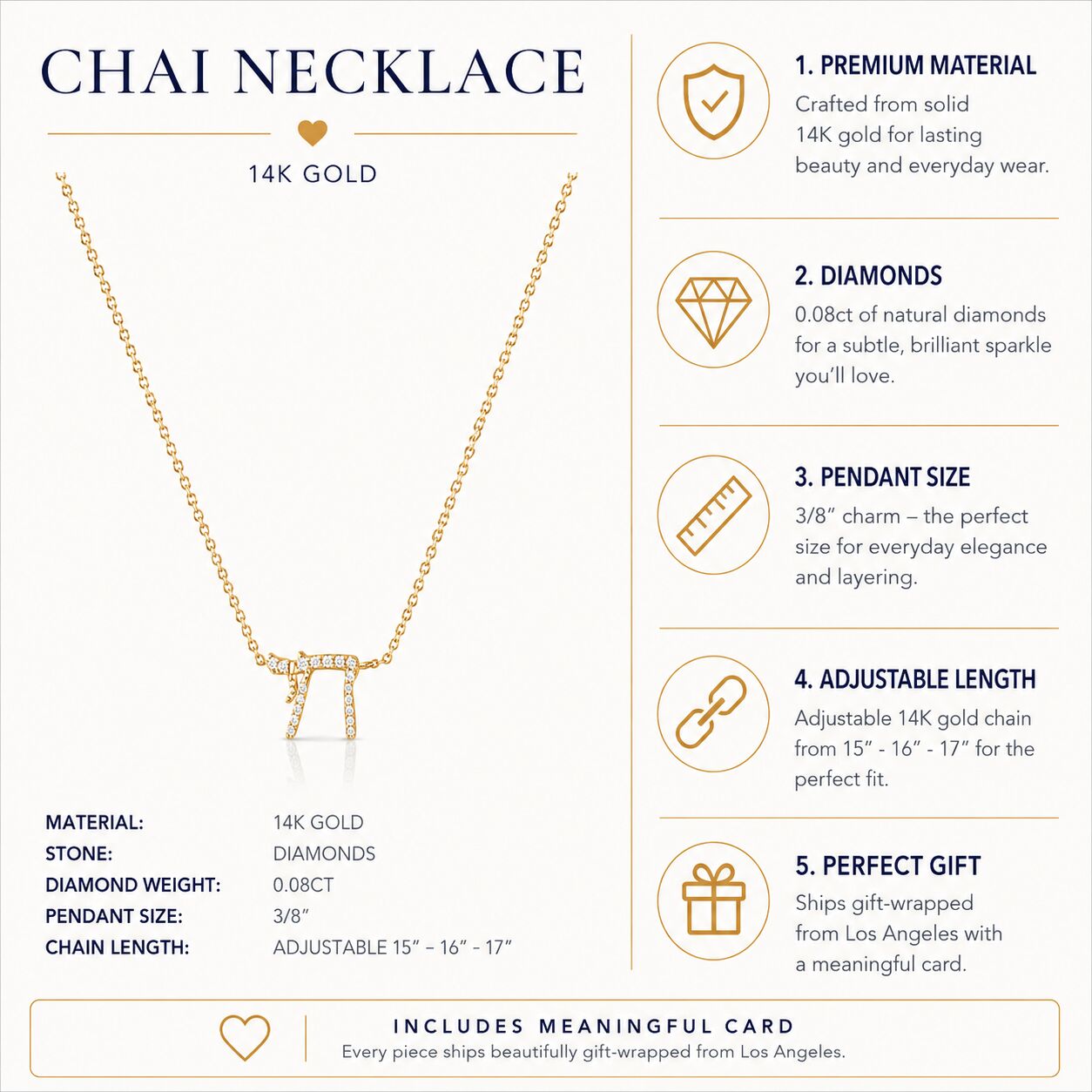 14k gold chai necklace with bezel-set diamond details by Alef Bet