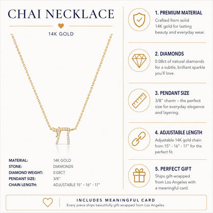 14k gold chai necklace with bezel-set diamond details by Alef Bet