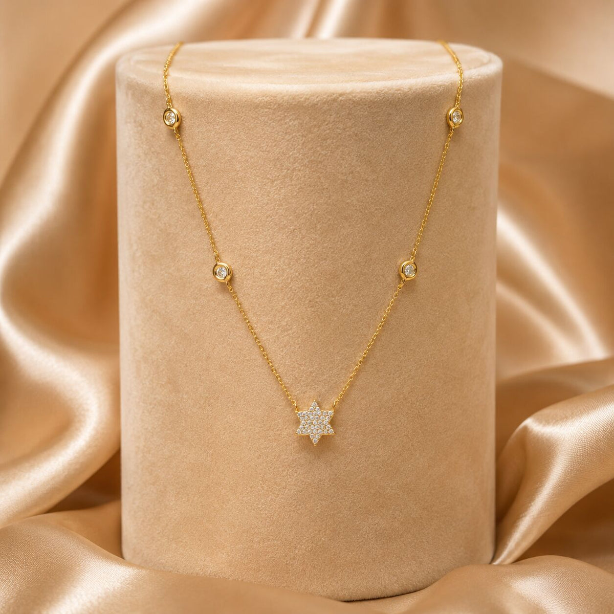 Rose gold star of David necklace with pave-set diamonds in 14k gold by Alef Bet
