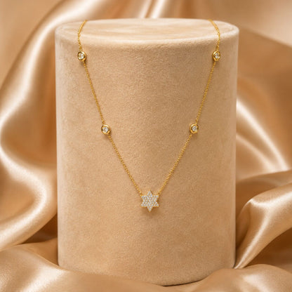 Rose gold star of David necklace with pave-set diamonds in 14k gold by Alef Bet