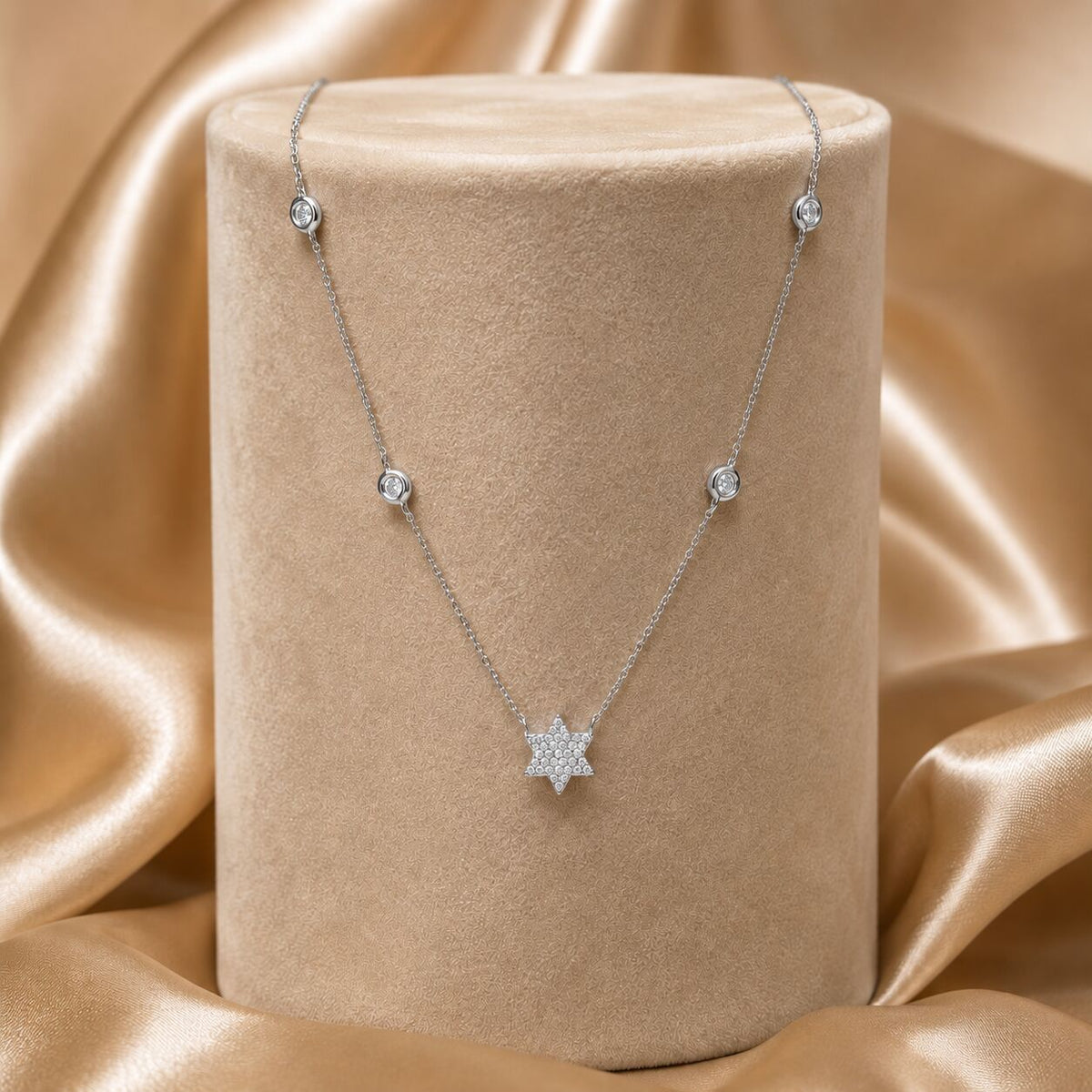 Modern pave diamond star of David necklace in 14k rose gold with delicate chain by Alef Bet