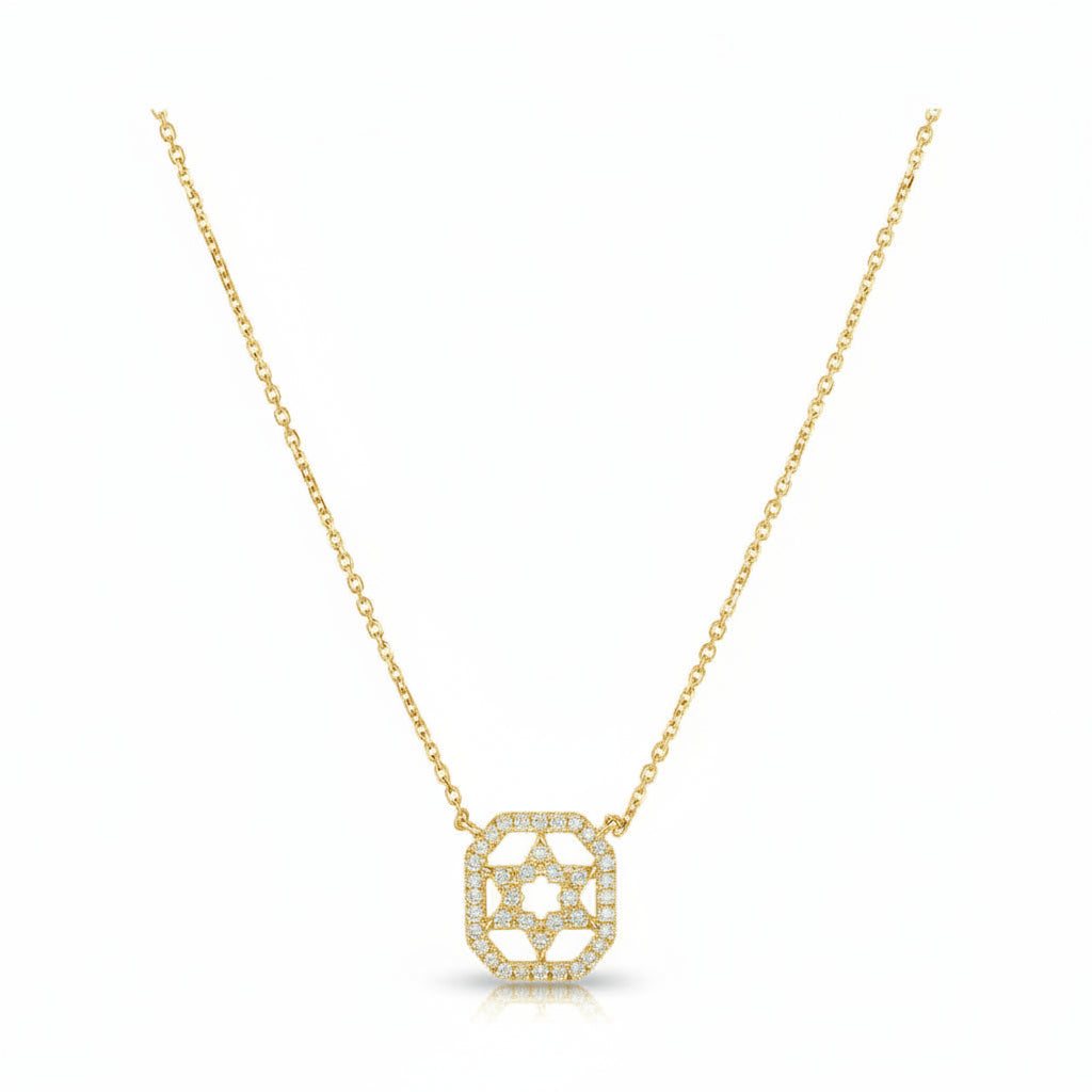 14k white gold Judaic star necklace with pave diamond detailing and angular square setting