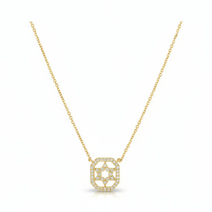 14k white gold Judaic star necklace with pave diamond detailing and angular square setting