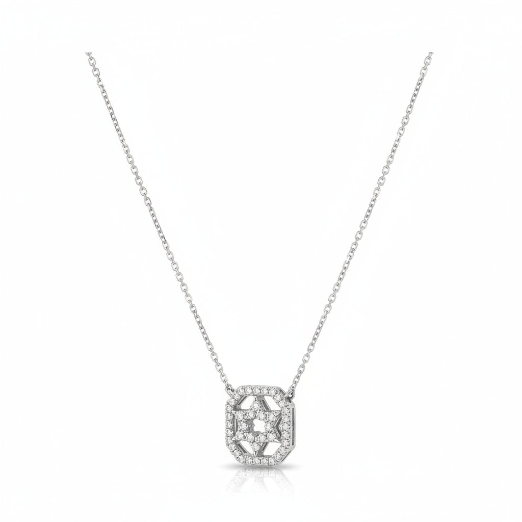 Diamond Pave Star of David Necklace in 14k Gold Square Frame