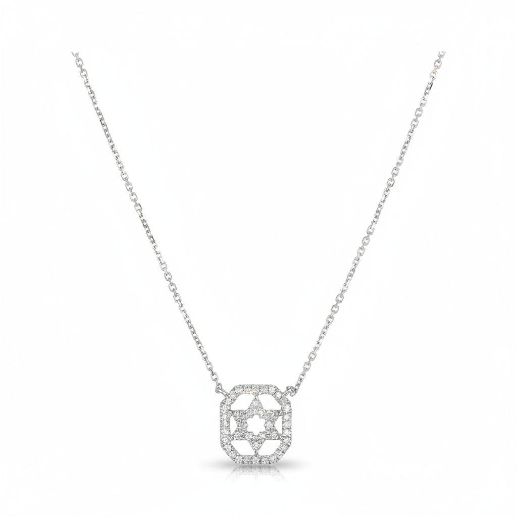 Pave diamond Star of David necklace in 14k white gold with square frame by Alef Bet