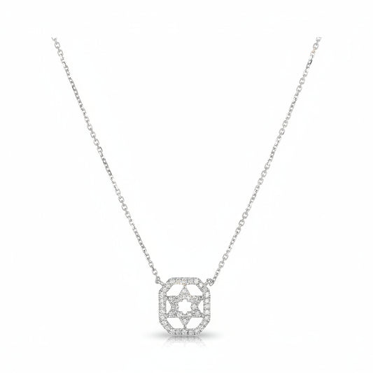 Pave diamond Star of David necklace in 14k white gold with square frame by Alef Bet