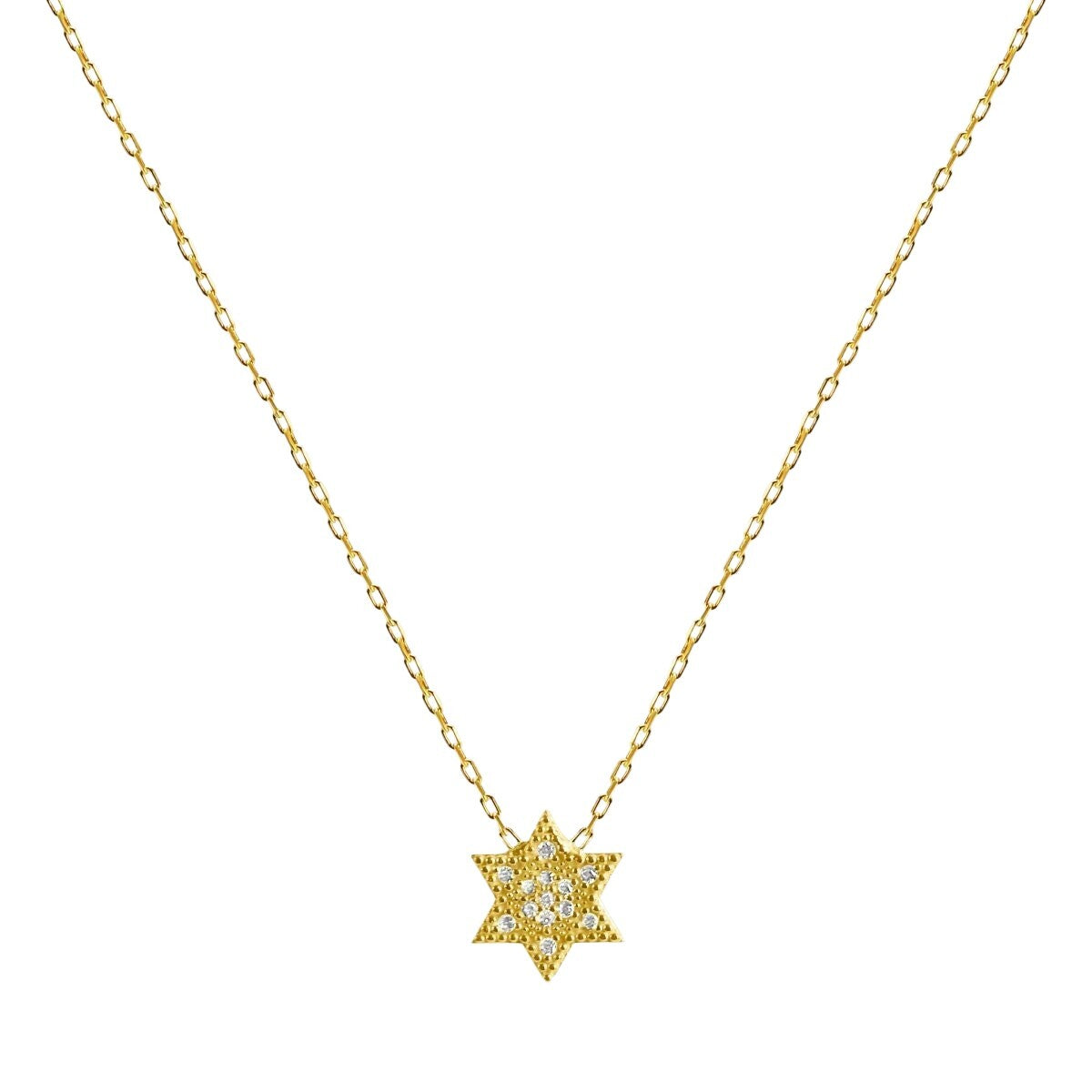 Pave cubic zirconia Jewish star necklace in yellow gold with high-polish finish by Alef Bet