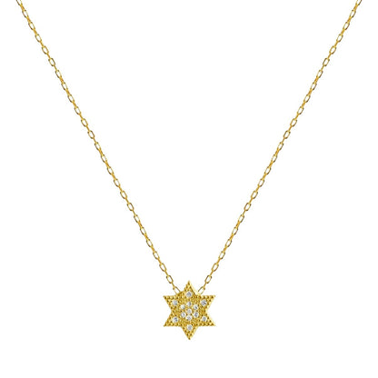 Pave cubic zirconia Jewish star necklace in yellow gold with high-polish finish by Alef Bet